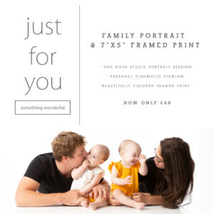 Gift voucher for family portrait session showing an image of a family of mum, dad and 2 children