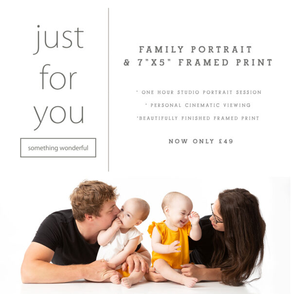 Gift voucher for family portrait session showing an image of a family of mum, dad and 2 children