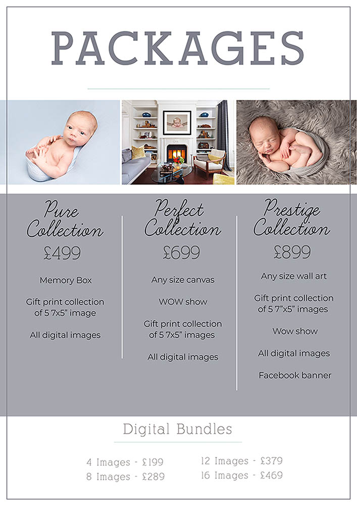 Written details of the products and pricing offered by Fiona McKean Photography Newborn Photographer Dumfries 